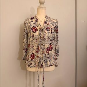 Anthropologie Cream Blouse with Red and Blue Print